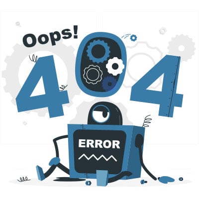 Image of a robot falling apart with text above saying Oops! 404