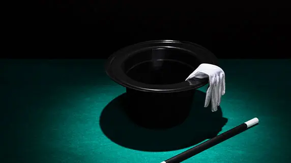 Picture of magician props with a top hat, gloves and wand