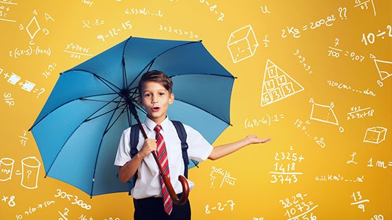 Child holding an umbrella and the background has different types of math equations and formulas