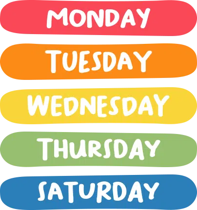 Monday, Tuesday, Wednesday, Thursday, and Friday written with different background colors