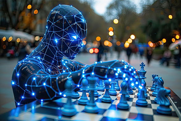 A robot with artificial intelligence plays chess hand closeup on a chessboard