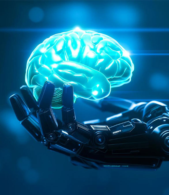 A robotic hand gently cradles a glowing brain with the shimmering neural network