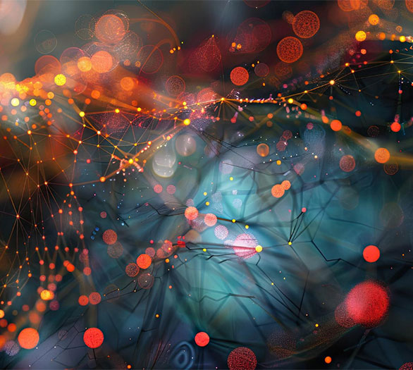 Abstract Digital Network with Glowing Nodes and Lines in Orange and Blue Colors