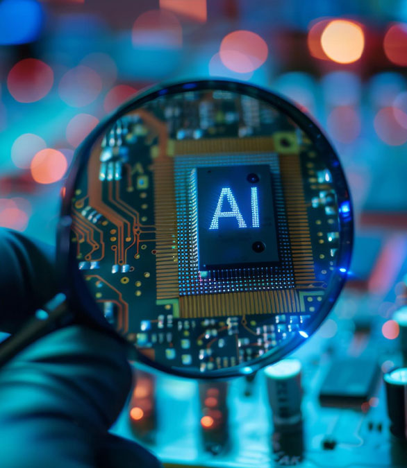 CloseUp of an AI Chip on a Circuit Board Under a Magnifying Glass