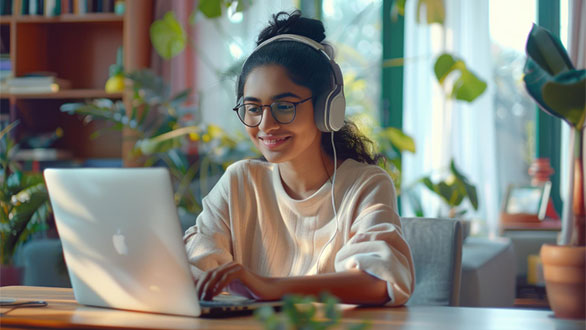 Happy girl studies online with laptop and headphones