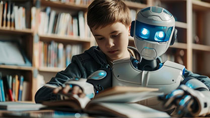 A boy is sitting at a table with a robot