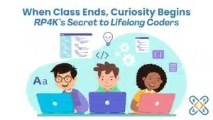 Illustration of three diverse children happily coding on laptops with programming icons, code snippets, and gears above their heads; promotional banner for RP4K's (Real Programming 4 Kids) computer science education programs encouraging lifelong curiosity and coding skills for young learners.